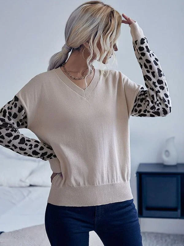 Cardigan Sweaters for Open - Front Style -V-Neck Knitted Sweater Top Women With Wild Print Sleeves