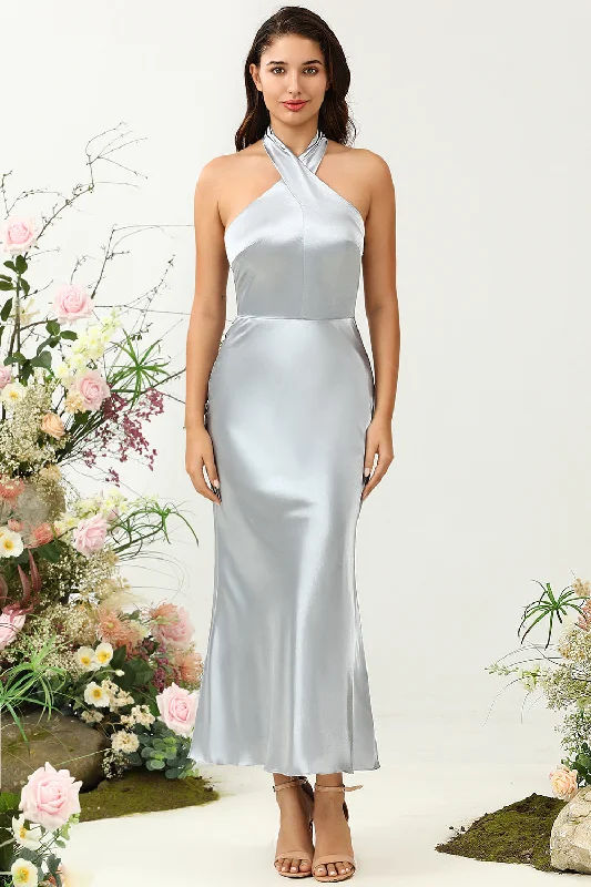 Contemporary Dresses for Fashion -Sheath Halter Neck Silver Long Bridesmaid Dress