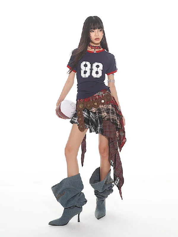 High-waisted denim skirts for cool lift -American Style Plaid Irregular Multi-layer Cake Skirt UNC0129