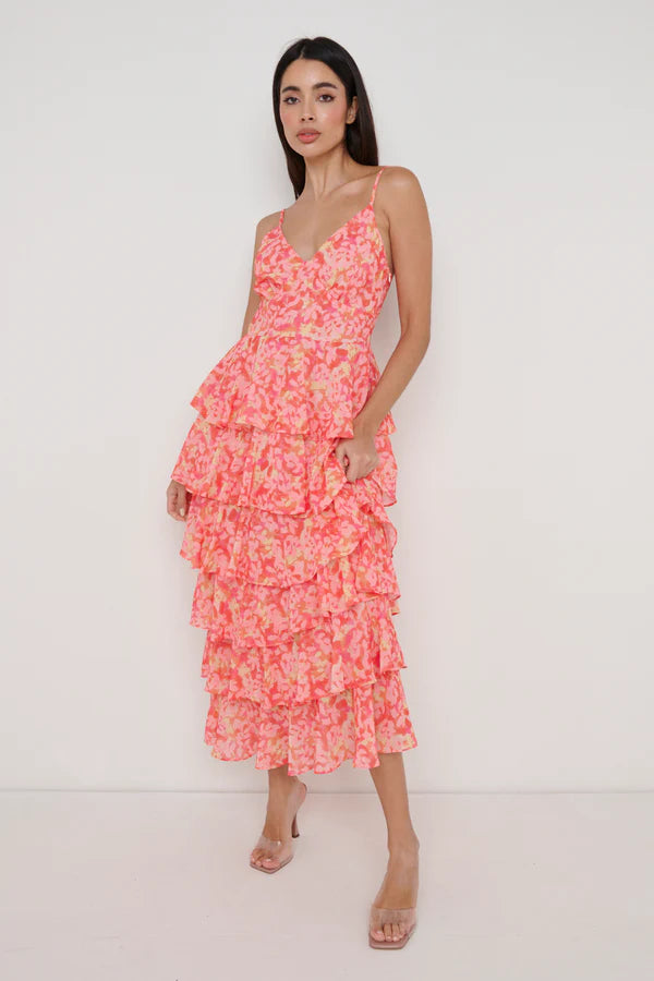 Lace Dresses for Delicate -LISSY RUFFLE MIDAXI DRESS (ORANGE/PINK)