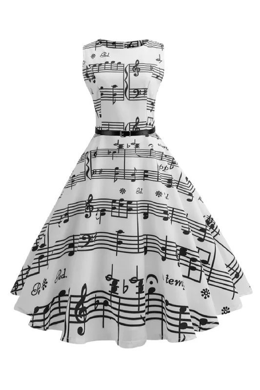 Midi Dresses for Versatile Wear -White Printed Swing 1950s Vintage Dress