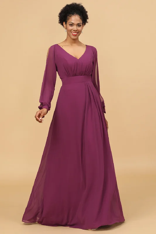 Red Dresses for Statement -Purple Long Sleeves Cold Shoulder Bridesmaid Dress