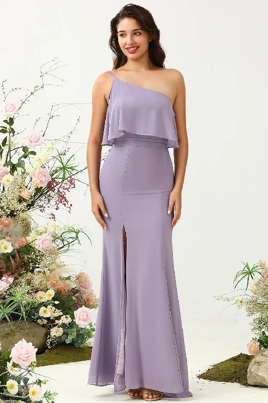 Zippered Dresses for Convenience -Sheath One Shoulder Purple Plus Size Bridesmaid Dress with Silt