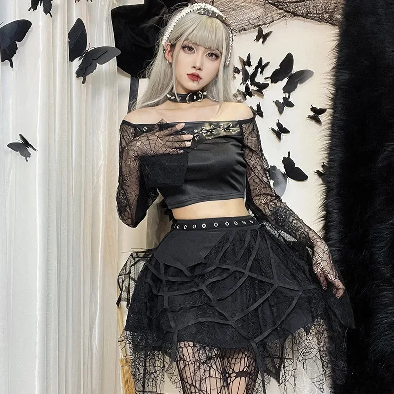 Bold skirts with vibrant tropical prints -Gothic Mini Y2K Harajuku Spider Web Patchwork Lace Tassel Dark Academy Street Woman With Belt Fairy Grunge Skirt