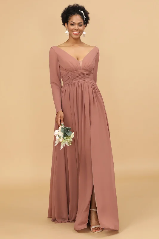 Solid Color Dresses for Simple -Blush V-Neck Long Sleeves Bridesmaid Dress