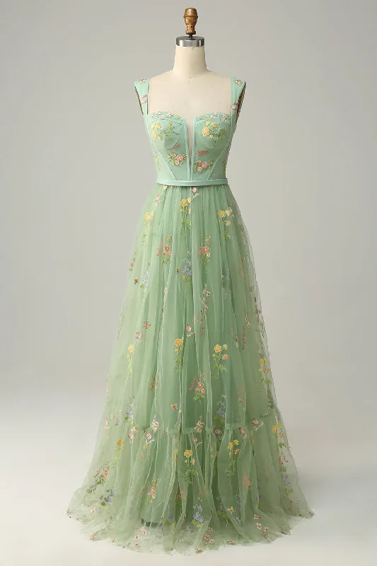 Party Dresses for Celebration -Elegant A-Line Square Neck Green Long Prom Dress with Embroidery