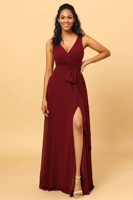 Denim Dresses for Casual Style -Burgundy Wrap Chiffon Bridesmaid Dress with Slit