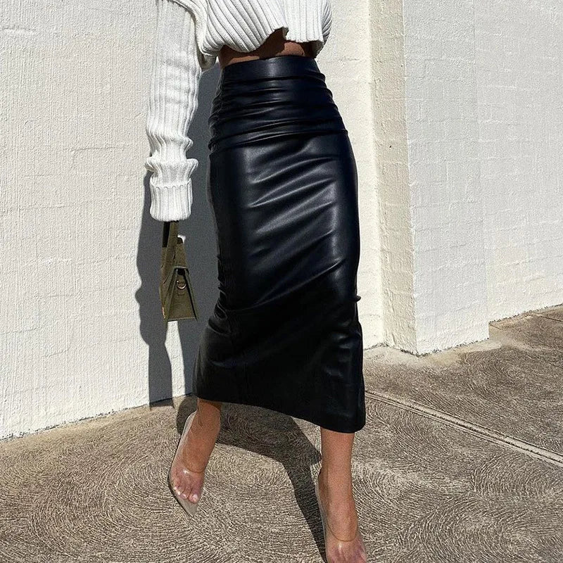 Lightweight skirts for warm season chic -Elegant Ruched PU Leather Slim High Waist Skirt