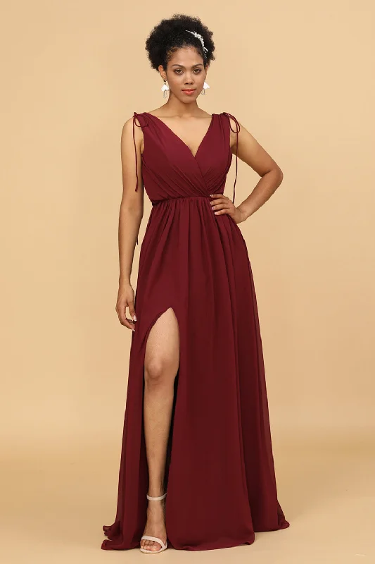 Blue Dresses for Classic -Burgundy V-Neck Lace Up Bridesmaid Dress With Slit