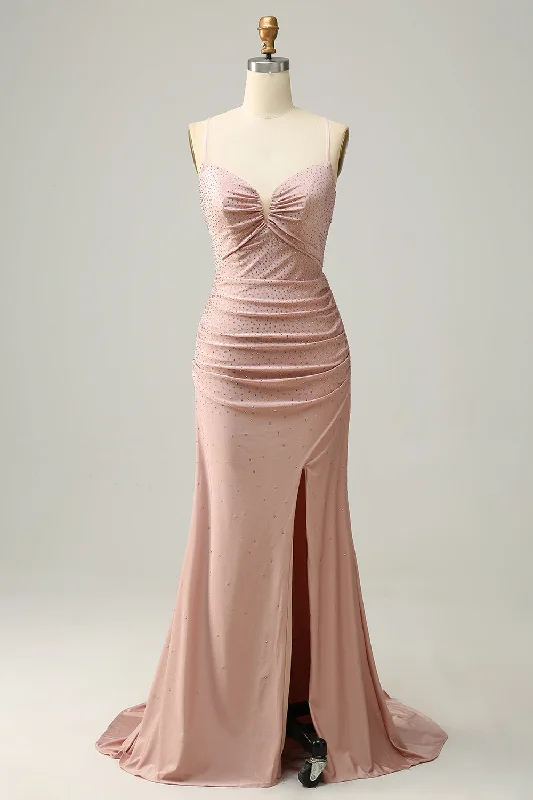 Rhinestone Dresses for Bling -Mermaid Spaghetti Straps Blush Long Formal Dress with Beading