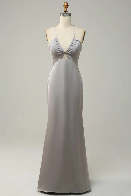 Wool Dresses for Warmth -Mermaid Spaghetti Straps Grey Long Bridesmaid Dress with Open Back