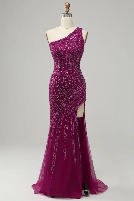 Sleeveless Dresses for Coolness -One Shoulder Sequin Prom Dress with Slit