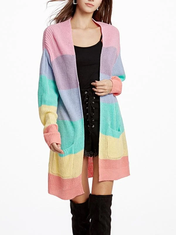 Floral Sweaters for Feminine Touch -Long Rainbow Color Loose Women Cardigan Sweater