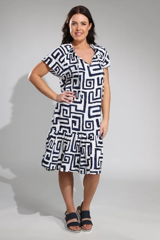 Capri Dresses for Playful -Frill neck Dress with hem tier | Navy White Geo | 3350A1