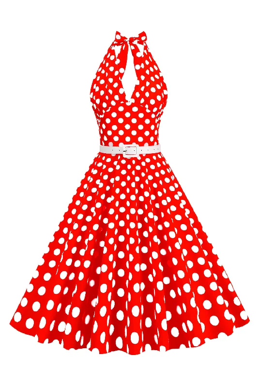 Anniversary Dresses for Special -Hepburn Style Halter Neck Polka Dots Red 1950s Dress