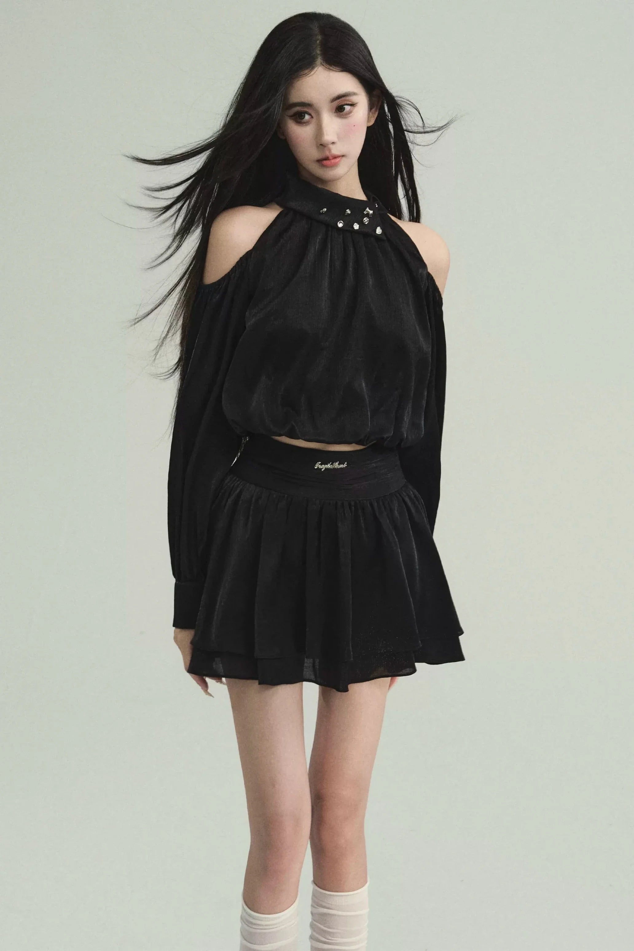 Soft skirts with plush cotton lining -Gothic Chic Two-Piece Set: Tiered Skirt and Cold Shoulder Crop Top