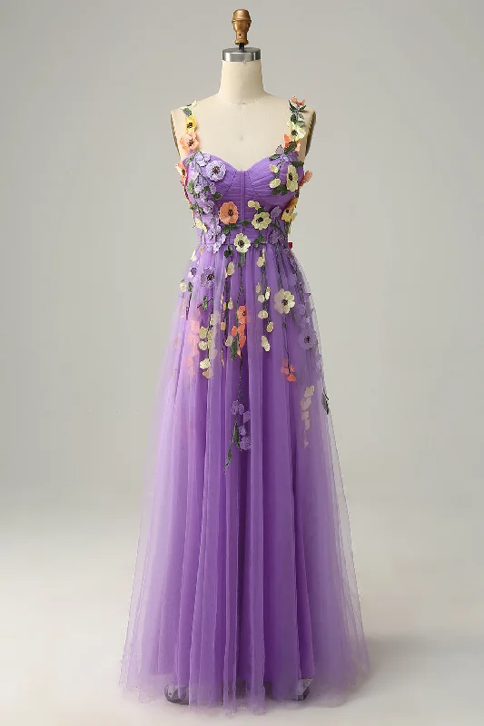 Celtic Dresses with Knotwork -A Line Purple Spaghetti Straps Prom Dress With 3D Flowers