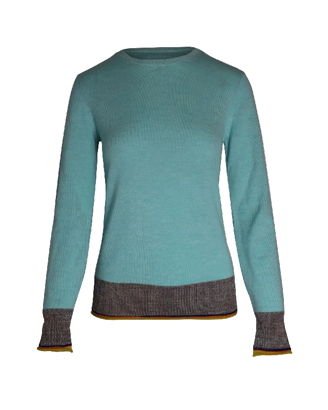 Raglan - Sleeve Sweaters for Comfort -Contrast Hem Knitted Sweater in Blue Wool