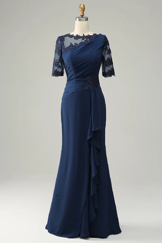 Leather Dresses for Luxury -Navy Sheath Mother of Bride Dress with Appliques