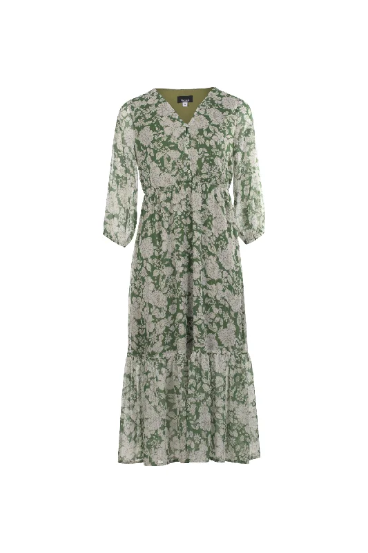 Capri Dresses for Playful -Button front printed Chiffon Dress | Green Wht Lurex Flower | 8556AR