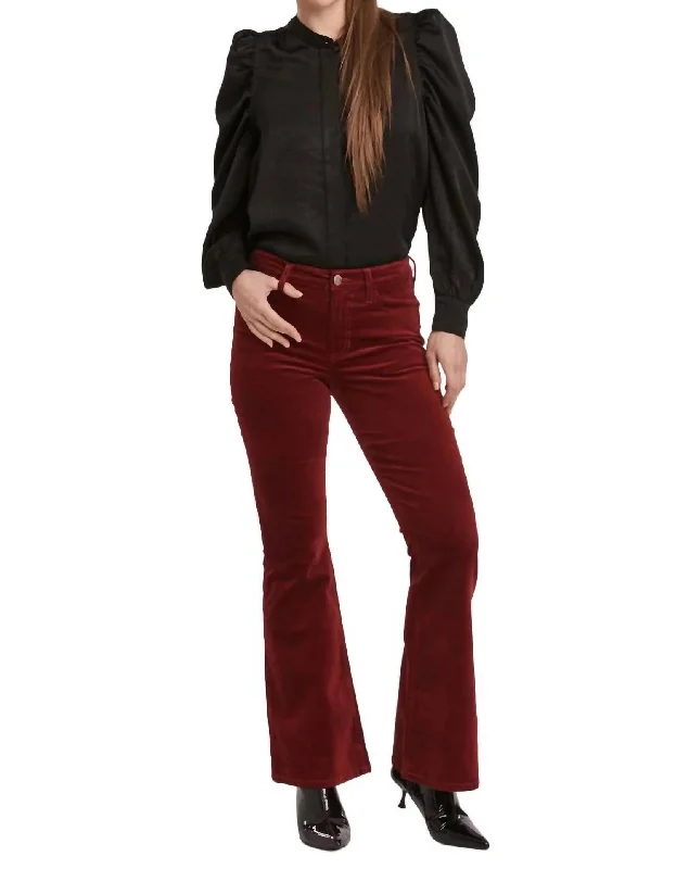 Stretch tight trousers for women with deep waistband for extra comfort and fit -Rosa Mid Rise Full Pant In Velveteen Burgundy