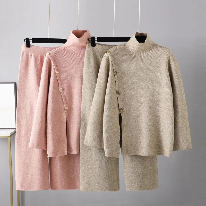 Fleece - Lined Sweaters for Warmth -Loose Turtleneck Wide Leg Pants Women Sweater Sets