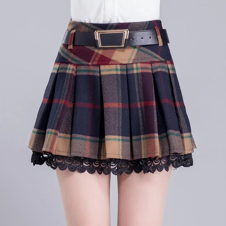 Cute mini skirts for trendy casual outings -Grid Pleated Woolen Skirt AD10133