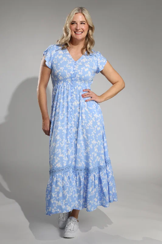 Animal Print Dresses for Fun -Floral button front Maxi Dress | BLUE/WHITE FLORAL | 0023A1