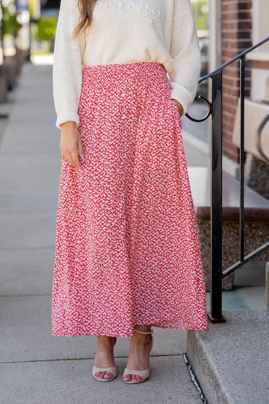 Ruffled skirts with lace trim softness -Petunia Button Accented Maxi Skirt