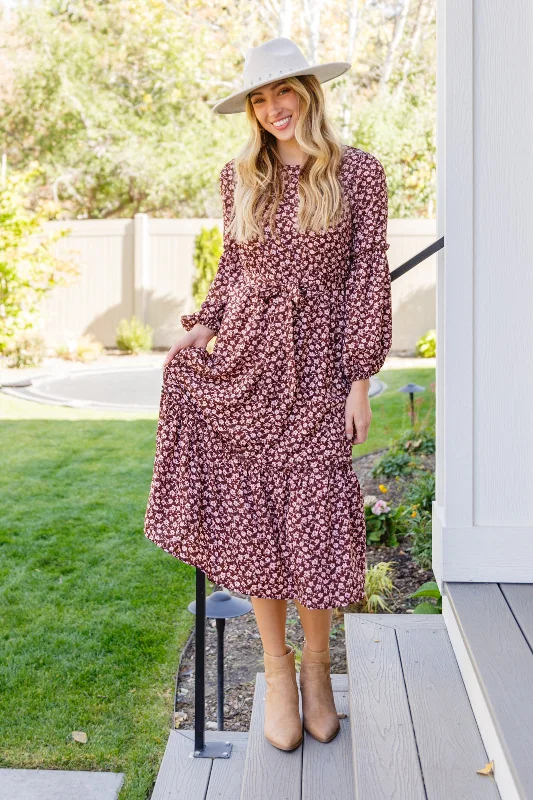 Mini Dresses for Youthful Look -Flow With The Times Floral Midi Dress In Brown