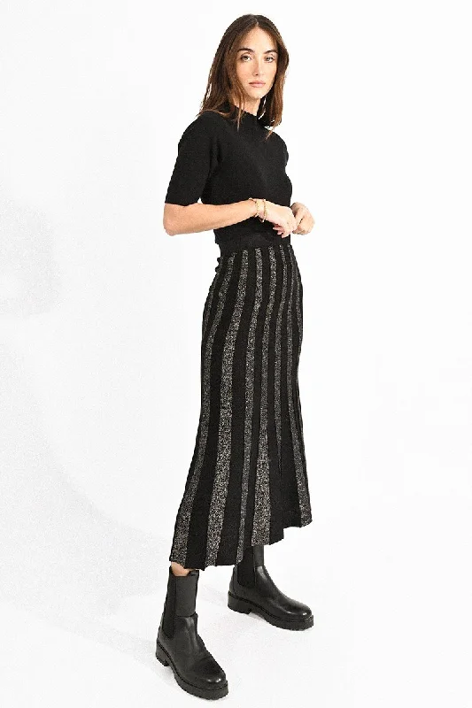 Anti - Pilling Sweaters for Long - Lasting -Lurex Stripe Sweater Skirt in Black