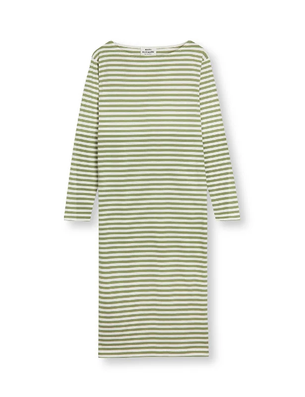 Off-shoulder Dresses for Feminine -Soft Single Stripe Sille Dress, Mosstone/Snow White