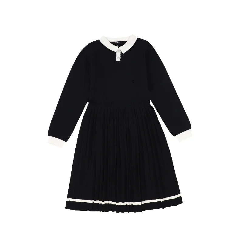 Wool Dresses for Warmth -Bamboo Black Knit Pleated Trim Collar Dress [FINAL SALE]