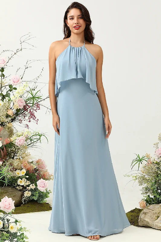 Cocktail Dresses for Party Time -A Line Halter Neck Blue Long Bridesmaid Dress