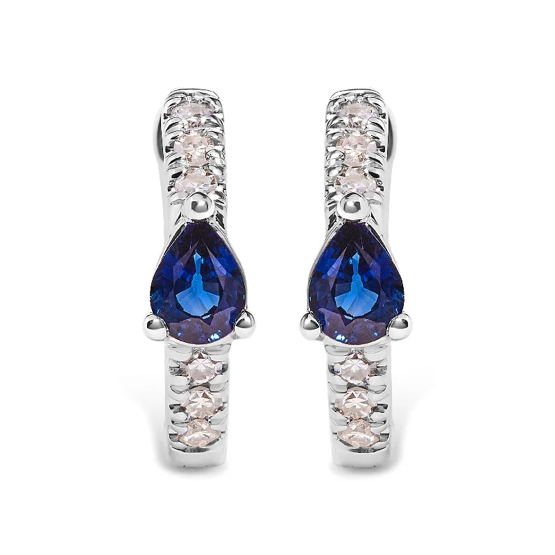 Hoop earrings with braided patterns for a detailed and textured finish-10K White Gold Pear Shaped Blue Sapphire and 1/10 Cttw Diamond Huggy Hoop Earrings