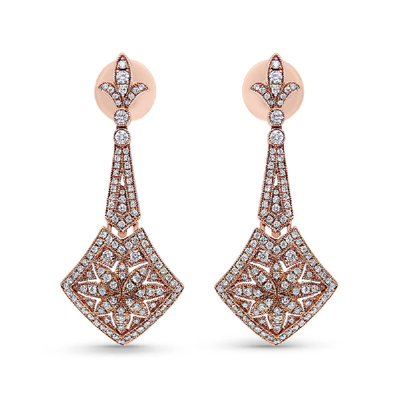 Best hoop earrings with snake-inspired designs for an edgy and fierce vibe-18K Rose Gold 1 1/3 Cttw Diamond Studded Fleur De Lis Trellis Style Drop and Dangle Earring