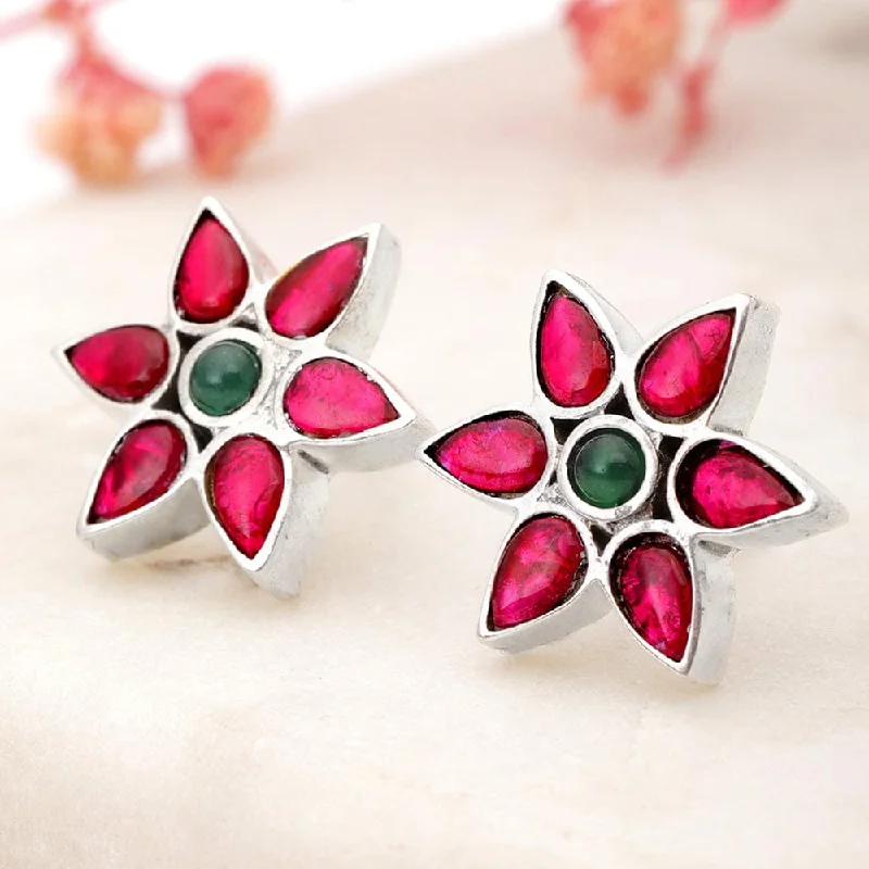 Best hoop earrings with asymmetrical designs for a fashion-forward, avant-garde look-92.5 Silver Red Kundan Flower earring