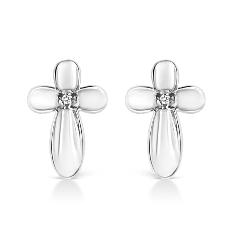 Hoop earrings with intricate designs for a unique and artistic appearance-.925 Sterling Silver Prong Set Diamond Accent Floral Cross Stud Earring