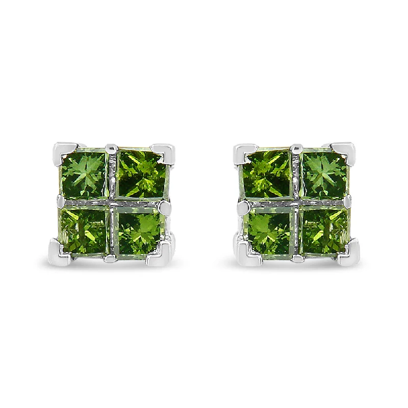 Hoop earrings with circle designs for a classic and timeless shape-.925 Sterling Silver Treated Green Princess-cut Diamond 4 Stone Composite Quad Stud Earring