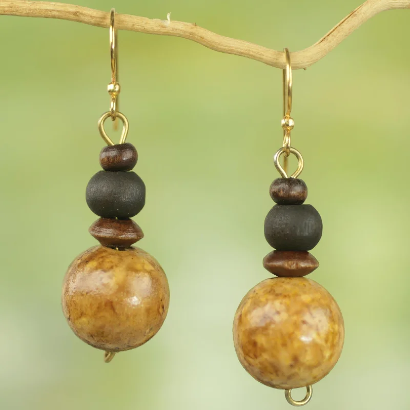 Best hoop earrings with matte finish for a sophisticated, understated design-African Fence Sese Wood Bead Dangle Earrings on Brass Hooks from Ghana