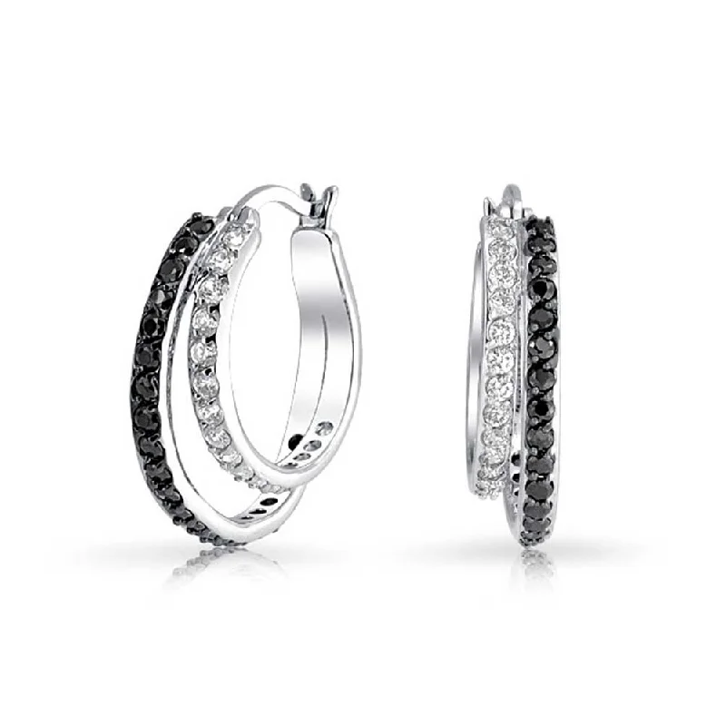 Hoop earrings with enamel stripes for a colorful and eye-catching design-Black White CZ Hoop Earrings Pave Circle Silver Plated 1.5 Inch Prom Style