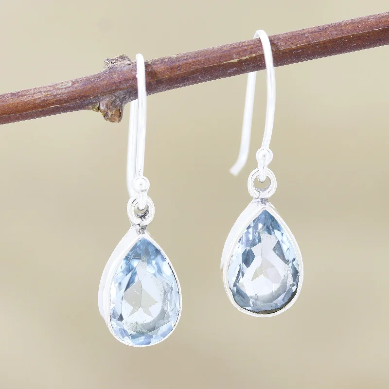 Hoop earrings with textured gold for a refined and sophisticated aesthetic-Blue Droplets Teardrop Faceted Blue Topaz Silver Dangle Earrings