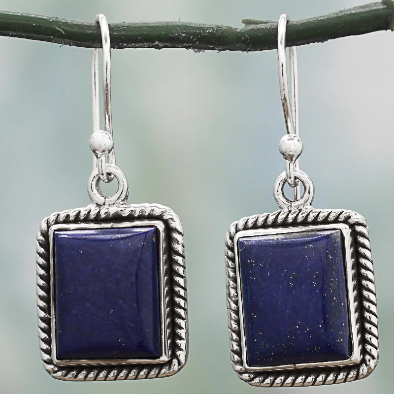 Hoop earrings with polished silver finish for a shiny, modern appeal-Blue Frame Lapis Lazuli Sterling Silver Rectangle Dangle Earrings