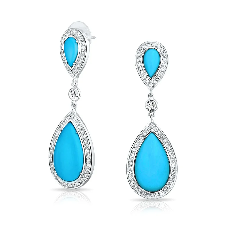 Best hoop earrings with infinity designs for a timeless and meaningful symbol-Blue Pear CZ Halo Turquoise Dangle Chandelier Earrings Silver Plated Teardrop