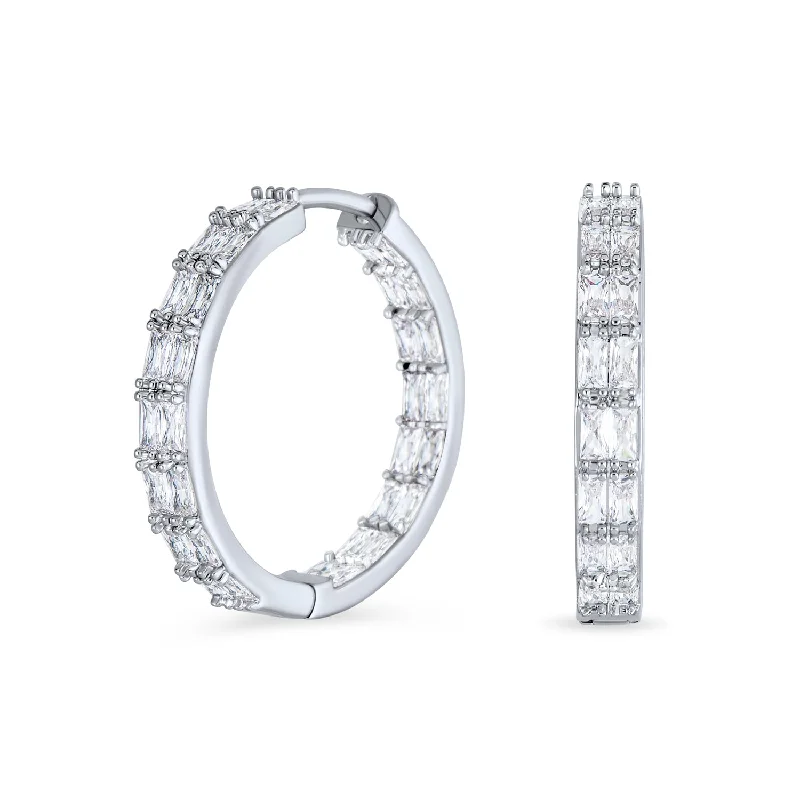 Best hoop earrings with butterfly motifs for a playful and whimsical appearance-Bridal Statement CZ Hoop Earrings Emerald Cut Cubic Zirconia Milgrain Silver 1 Inch