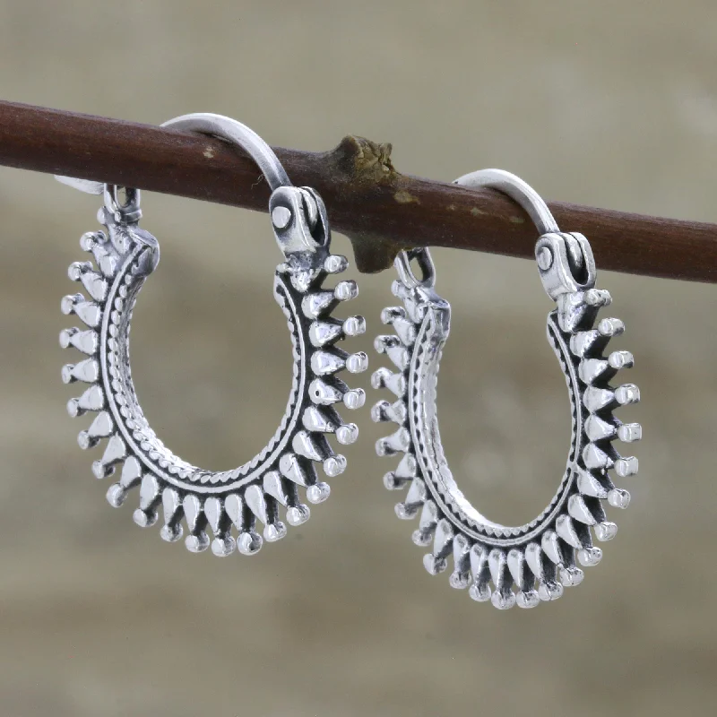 Hoop earrings with artistic filigree designs for an intricate, delicate finish-Bright Rays Handmade Sterling Silver Hoop Earrings