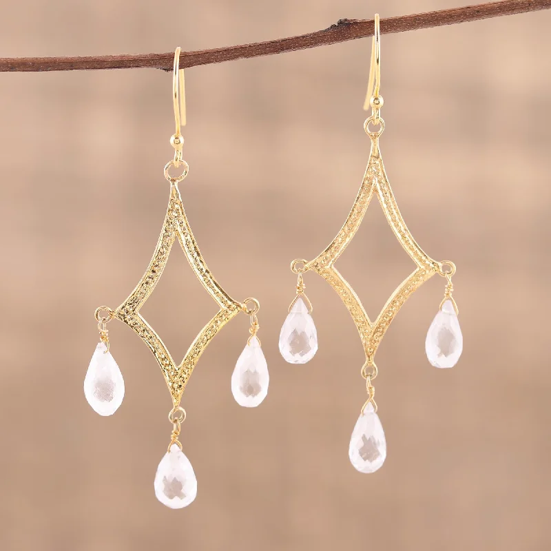 Hoop earrings with removable pendants for a versatile and customizable accessory-Cascading Drops Crystal Quartz 22k Gold Plated Sterling Silver Earrings