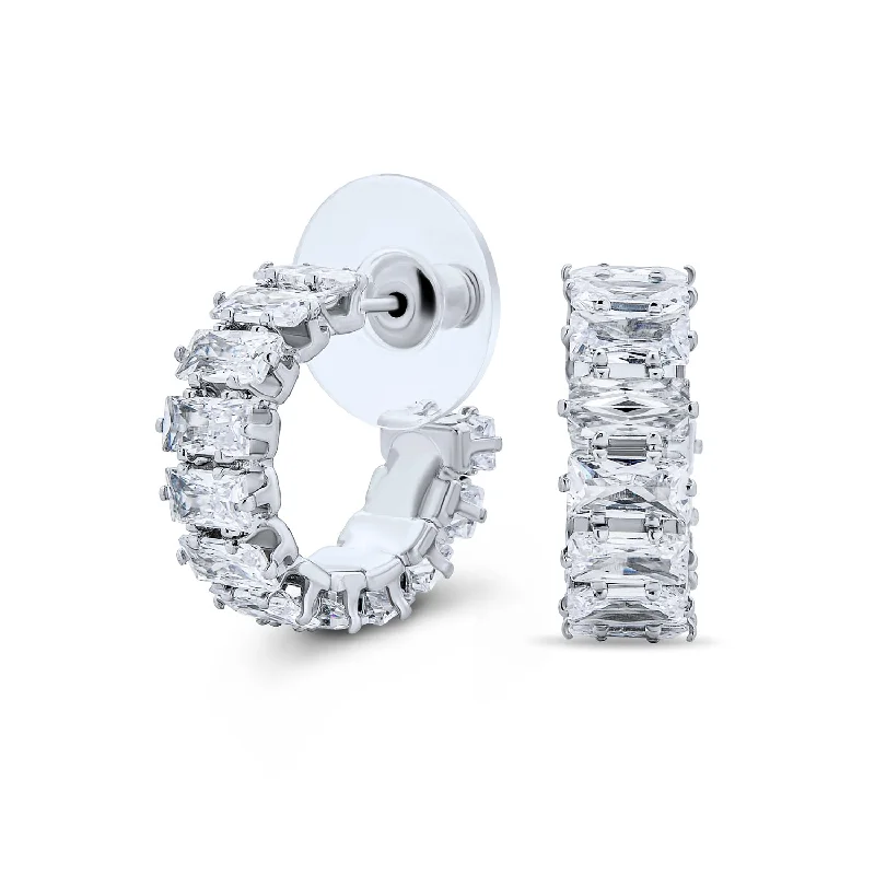 Hoop earrings with satin finishes for a smooth and elegant appearance-Classic Bridal CZ Hoop Earrings Emerald Cut Cubic Zirconia Silver 0.5 Inch Diameter