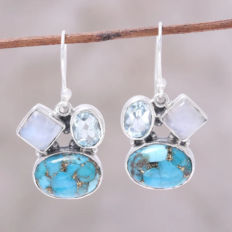 Hoop earrings with spiral designs for a dynamic and fluid look-Crystalline Waters Blue Topaz and Rainbow Moonstone Dangle Earrings from India