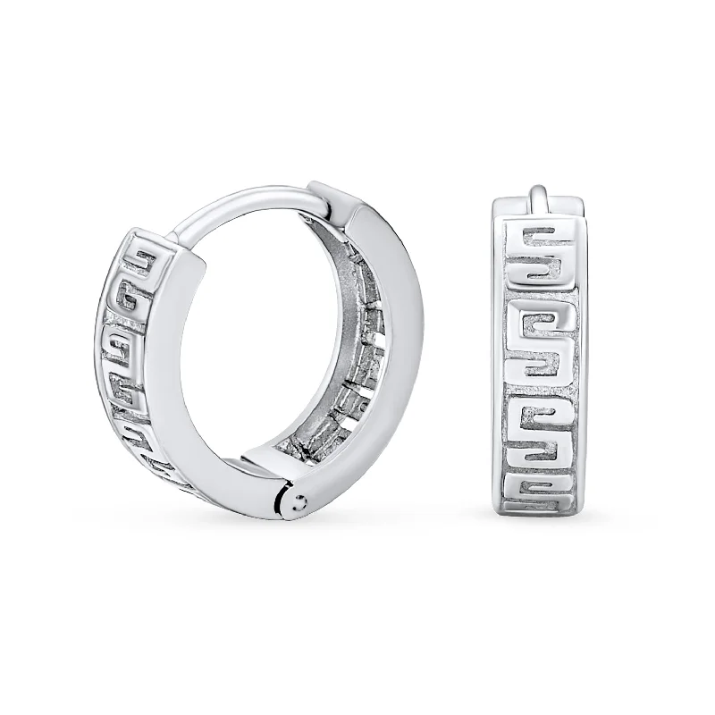 Best hoop earrings with snake chain details for a sleek and modern touch-Cutout Greek Key Hoop Huggie Earrings Men Sterling Silver 0.65 Inch